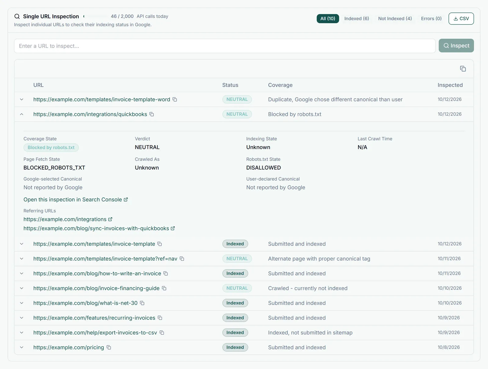 The URL Inspection result in GSC Wizard for an integrations page: coverage "Blocked by robots.txt", robots.txt state disallowed, page fetch blocked by robots.txt, no last crawl and no canonical reported by Google, with two referring pages, so Google knows the URL but has never crawled it
