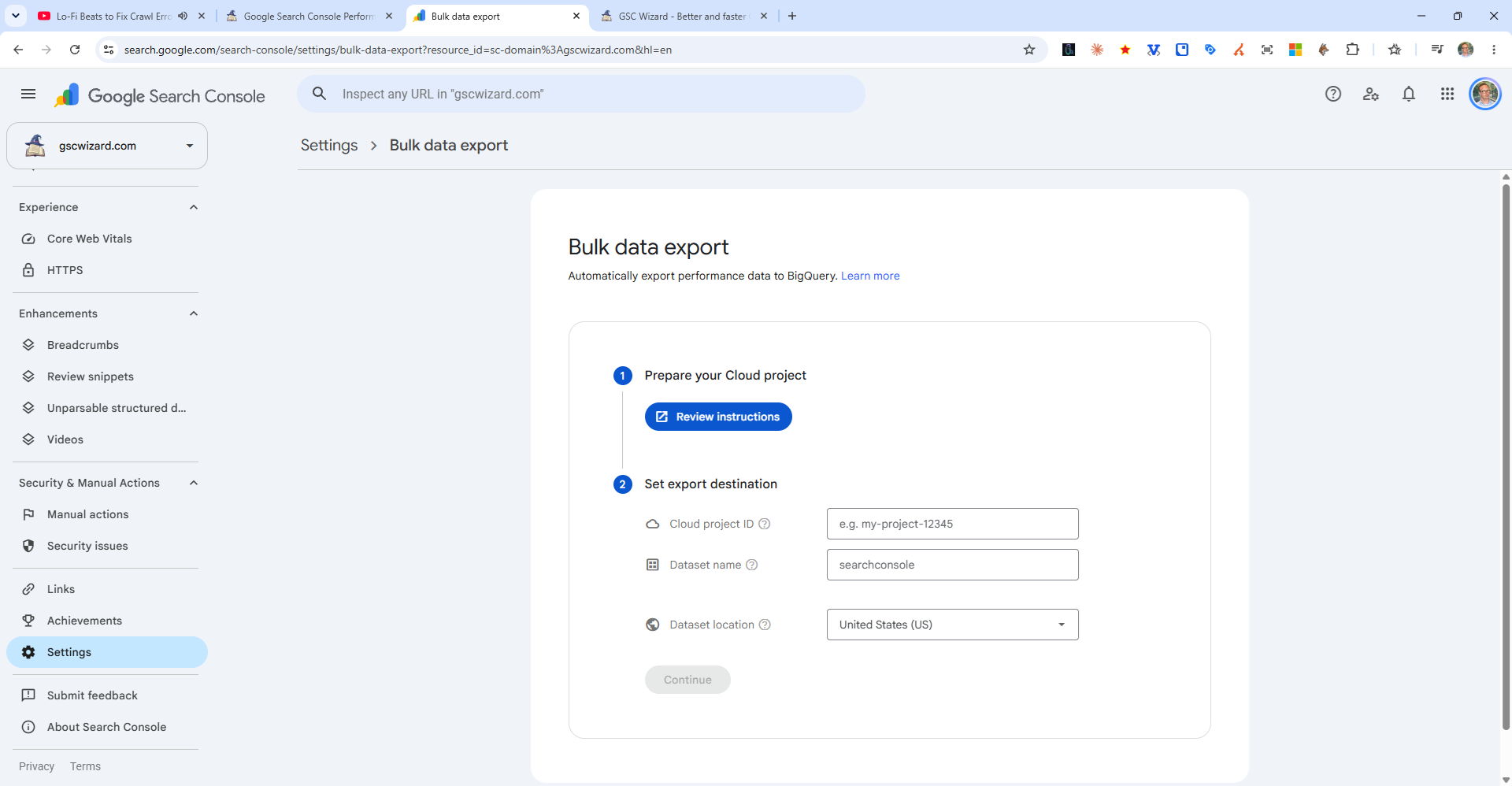 The Google Search Console bulk data export settings pointing at a BigQuery project and dataset, noting there is no historical backfill