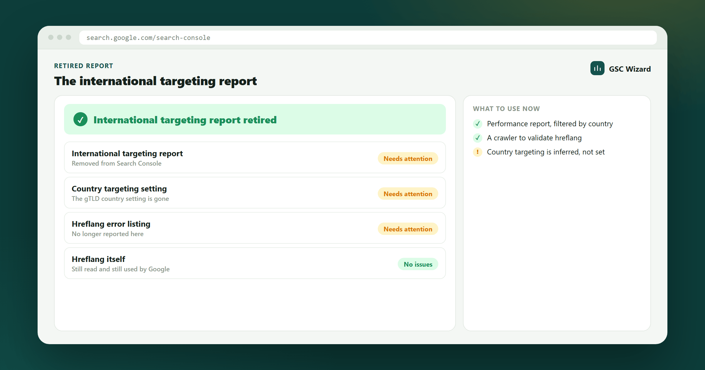 A status view noting that the international targeting report and country targeting setting were retired from Google Search Console