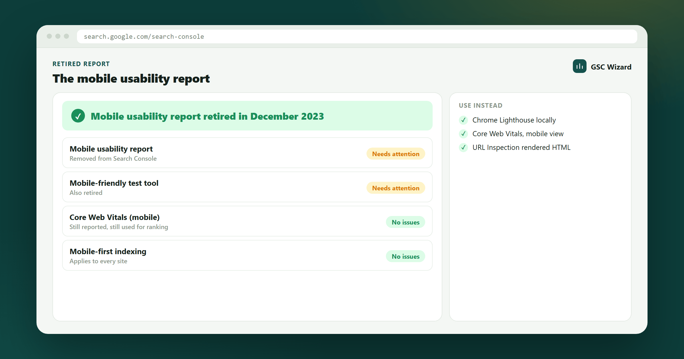 A status view noting that the Google Search Console mobile usability report was retired, with Core Web Vitals still reported