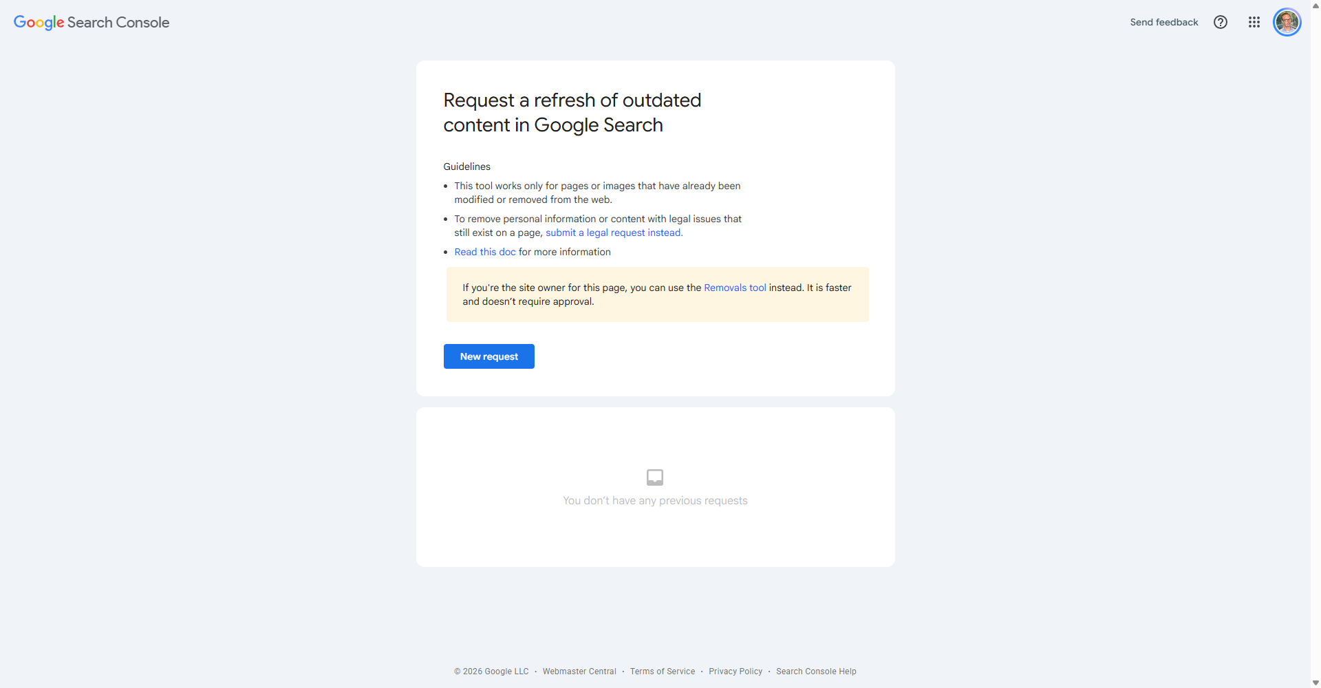 The remove outdated content tool in Google Search Console showing approved and denied requests for stale search results