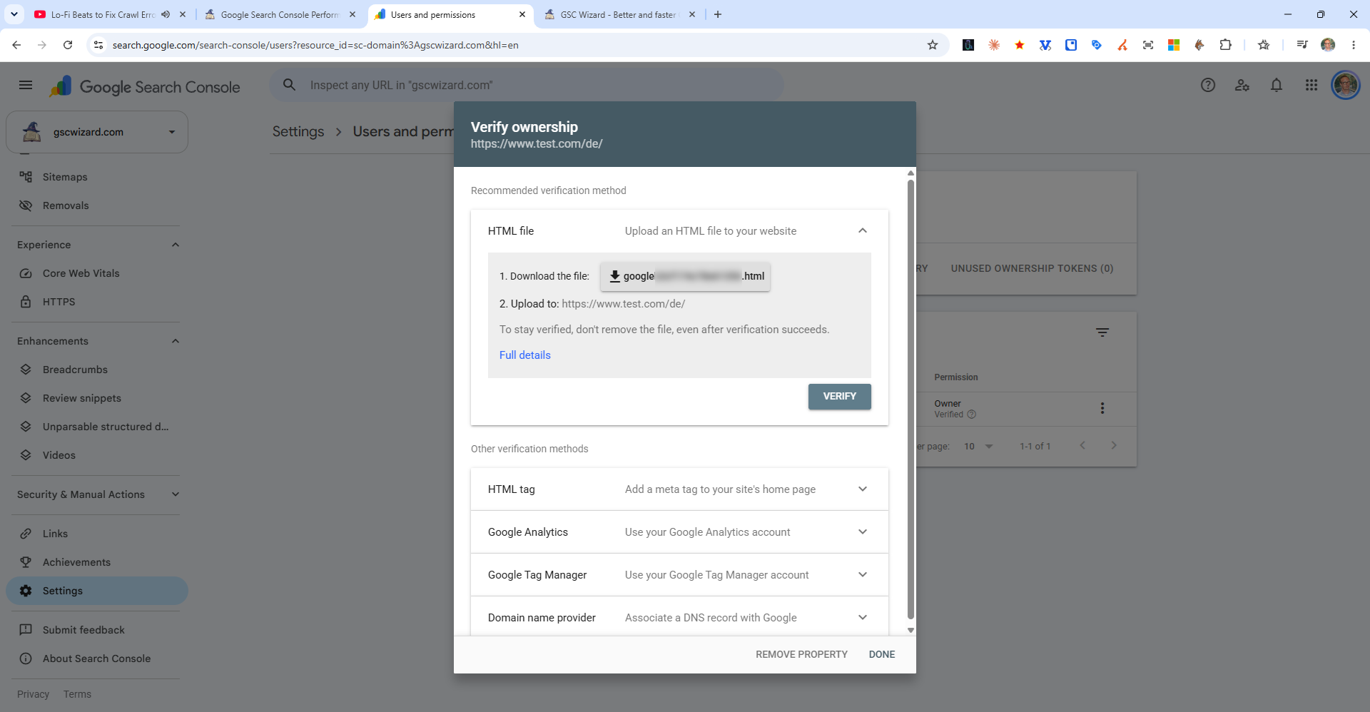 The five Google Search Console ownership verification methods listed with which property type each one works for
