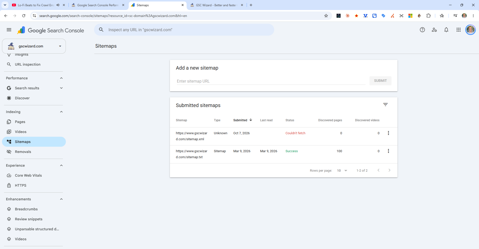 Google Search Console sitemaps report showing one sitemap Google could not fetch and another with a read error