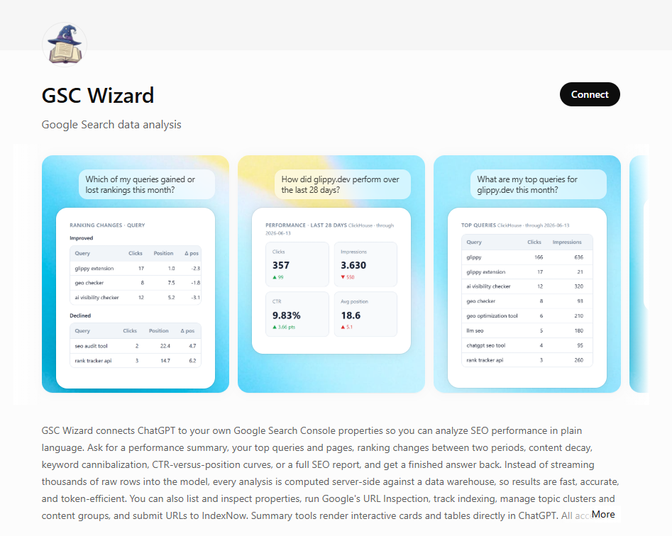 The GSC Wizard app page on the ChatGPT App Store, showing the Connect button and example summary cards