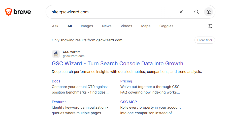 Brave Search results for site:gscwizard.com, showing GSC Wizard indexed with sitelinks for Docs, Pricing, Features, and GSC MCP