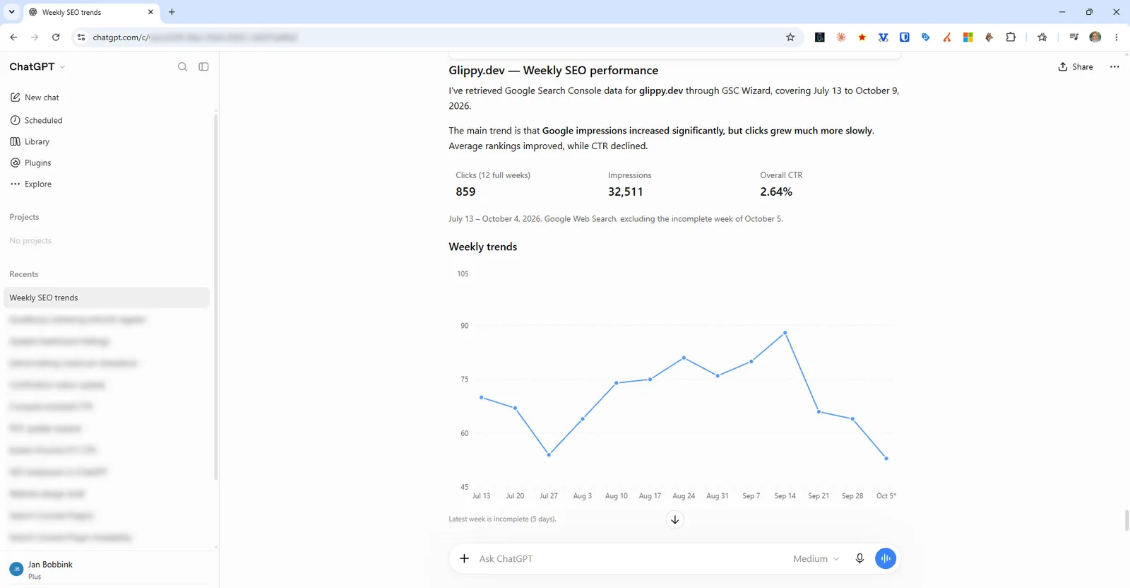 ChatGPT berichtet über GSC Wizard die wöchentlichen Search-Console-Trends für glippy.dev: eine kurze Zusammenfassung, dass die Impressionen schneller steigen als die Klicks, Summen für 12 volle Wochen und ein Diagramm der wöchentlichen Klicks von Juli bis Oktober 2026