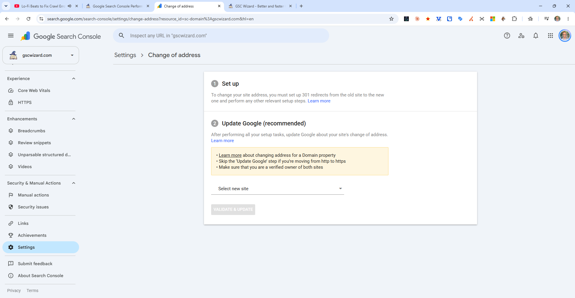 The Change of address tool in Google Search Console settings: set up 301 redirects first, then select the new site and validate