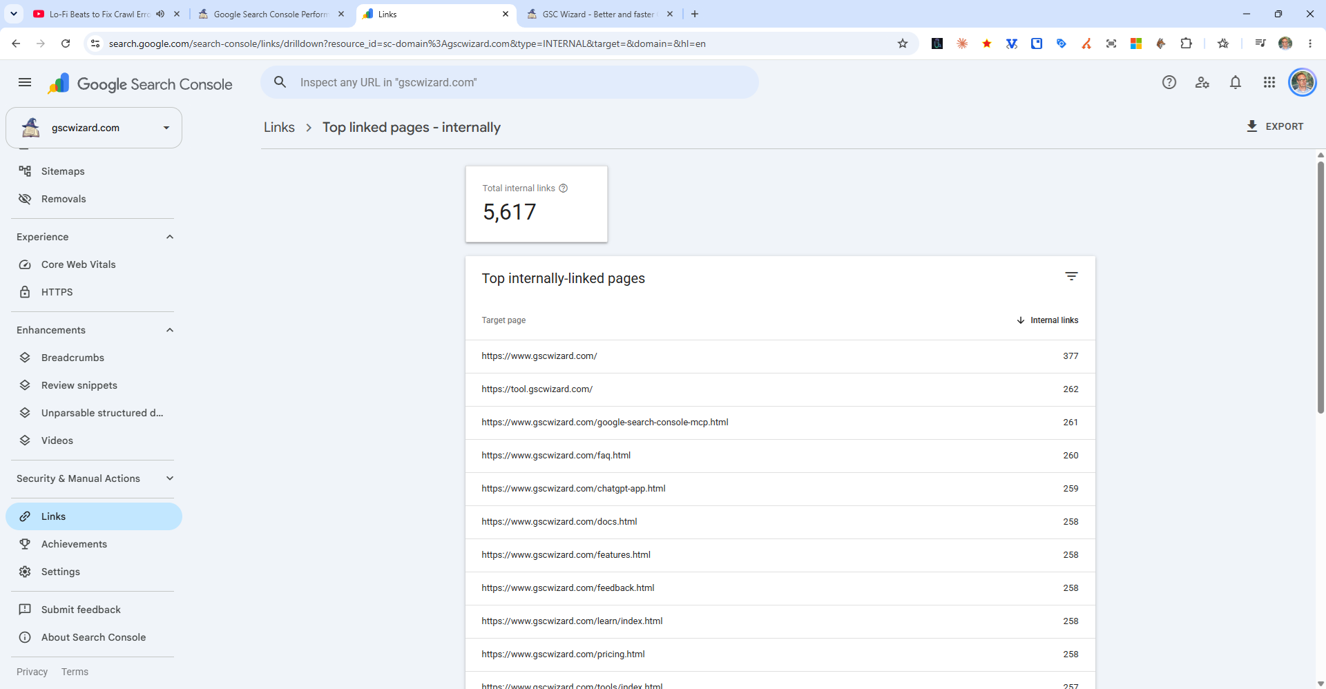 The Top linked pages - internally view of the Links report in Google Search Console, with 5,617 internal links and the count for each target page