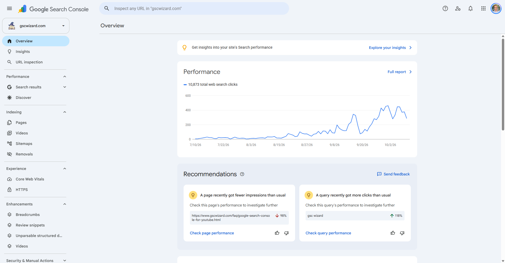 The Overview page in Google Search Console for gscwizard.com: the Performance card with three months of web search clicks, recommendations below it, and the sidebar with the Performance, Indexing, Experience, Enhancements and Security reports