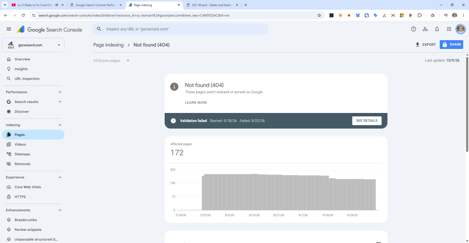 The Not found (404) detail of the Page indexing report in Google Search Console, with 172 affected pages charted over three months