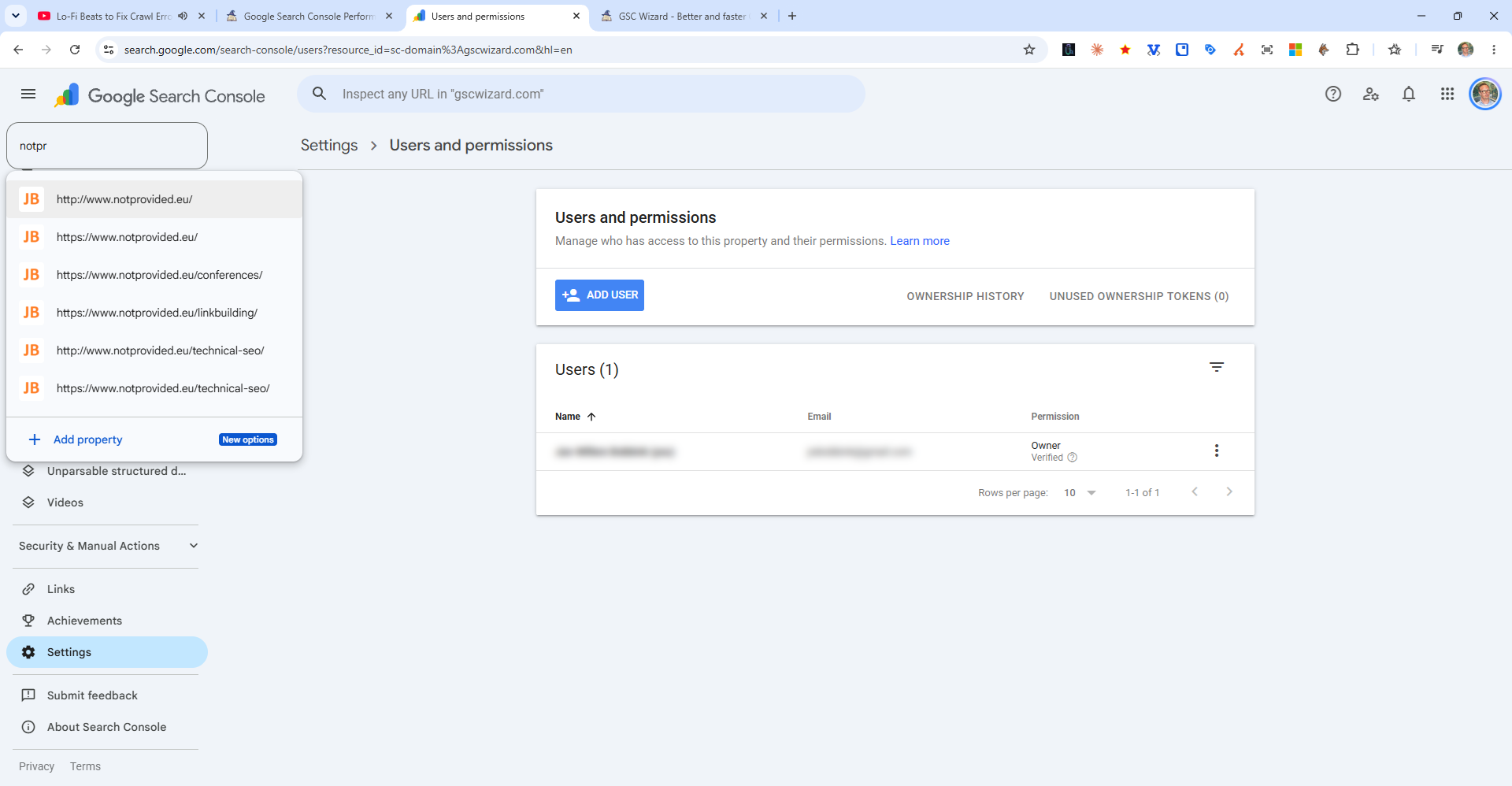 The property selector in Google Search Console opened over the sidebar, listing the properties the signed-in account can access and an Add property button