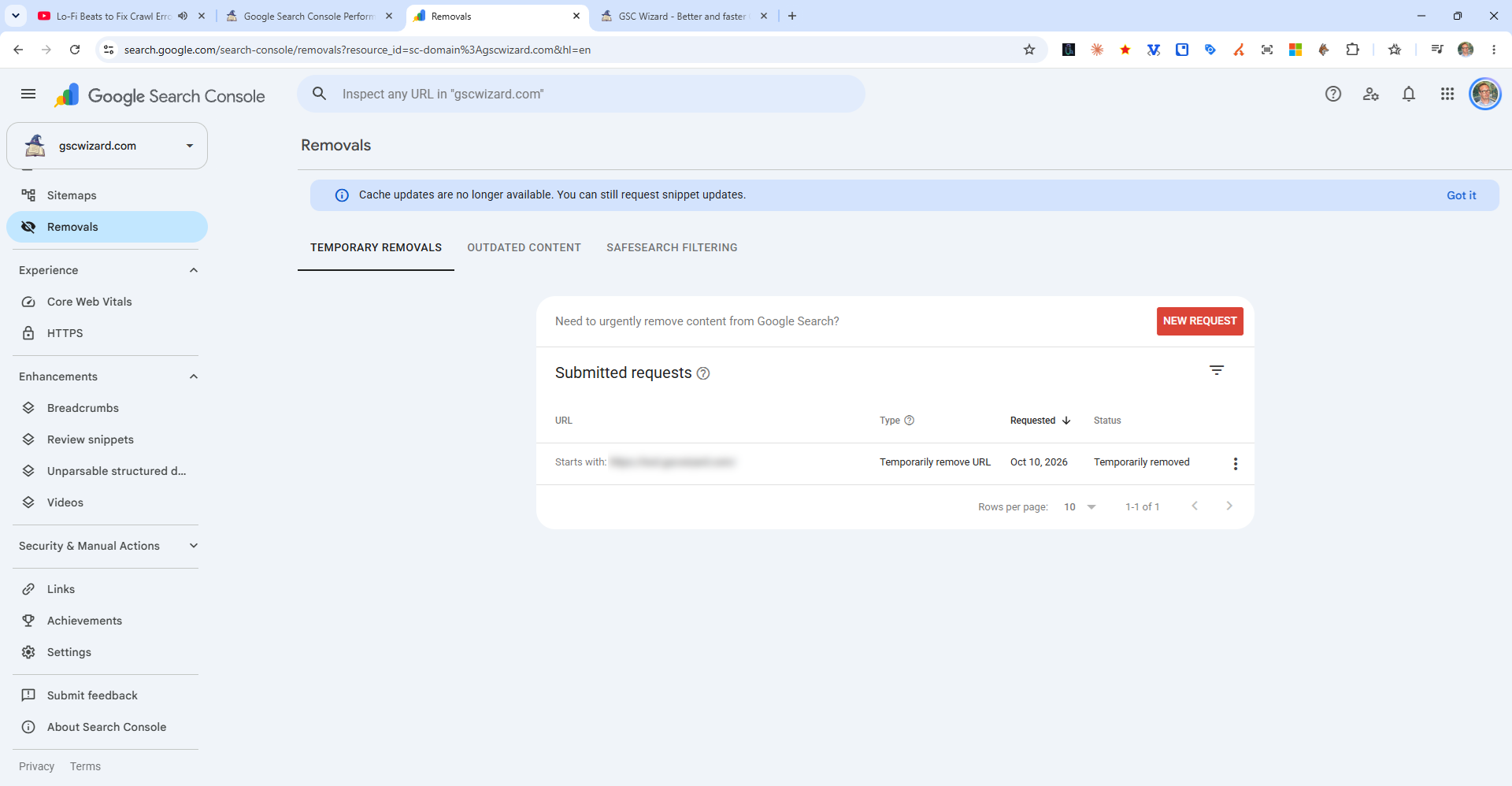 The Removals tool in Google Search Console with one temporary removal request listed (URL blurred) and the New request button