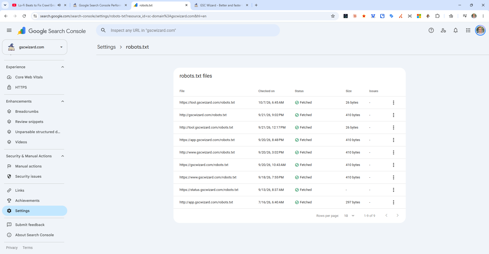The robots.txt report in Google Search Console settings listing the robots.txt file of each host with the date it was checked, its fetch status and its size