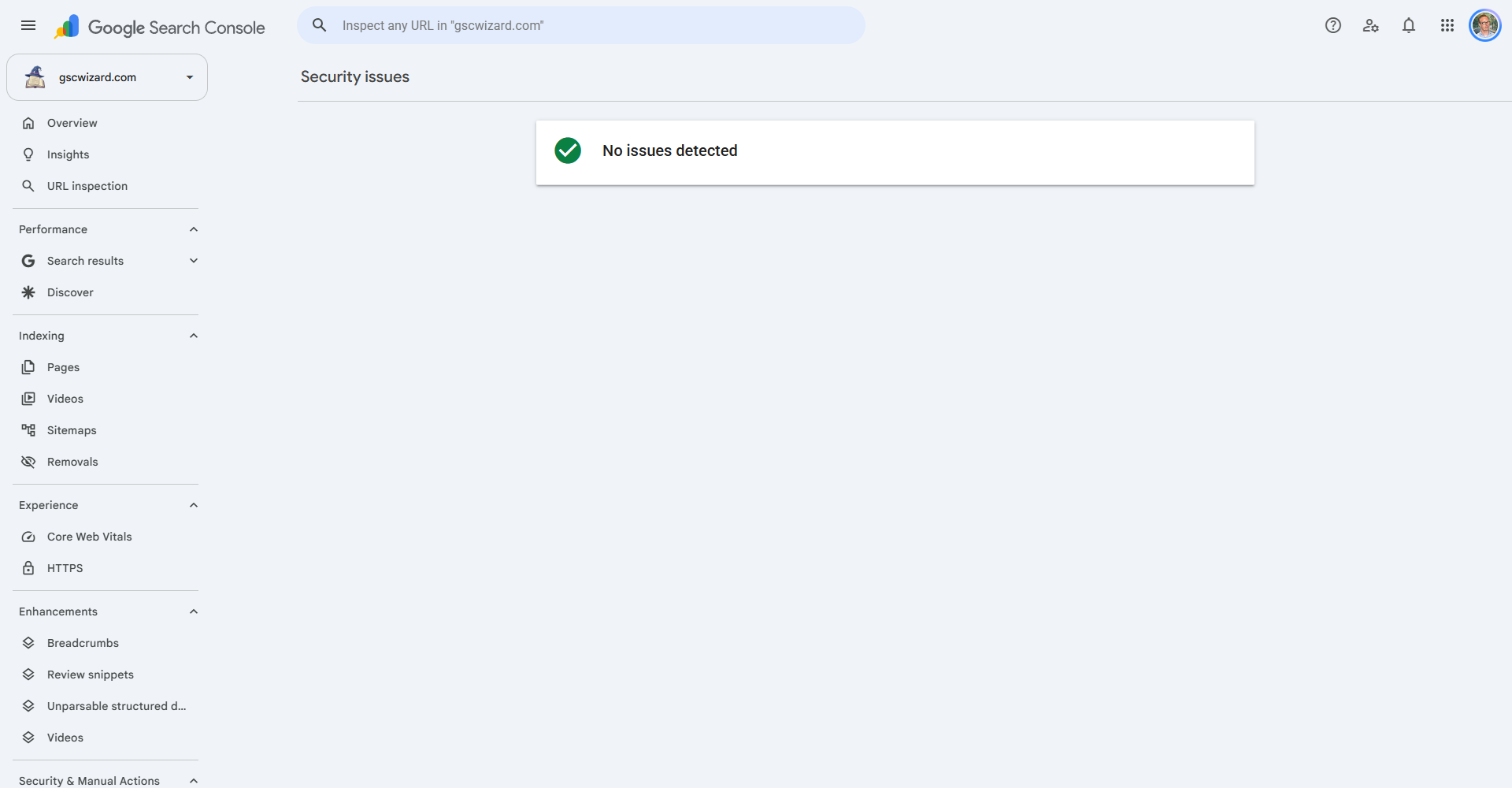 The Security issues report in Google Search Console for gscwizard.com showing No issues detected