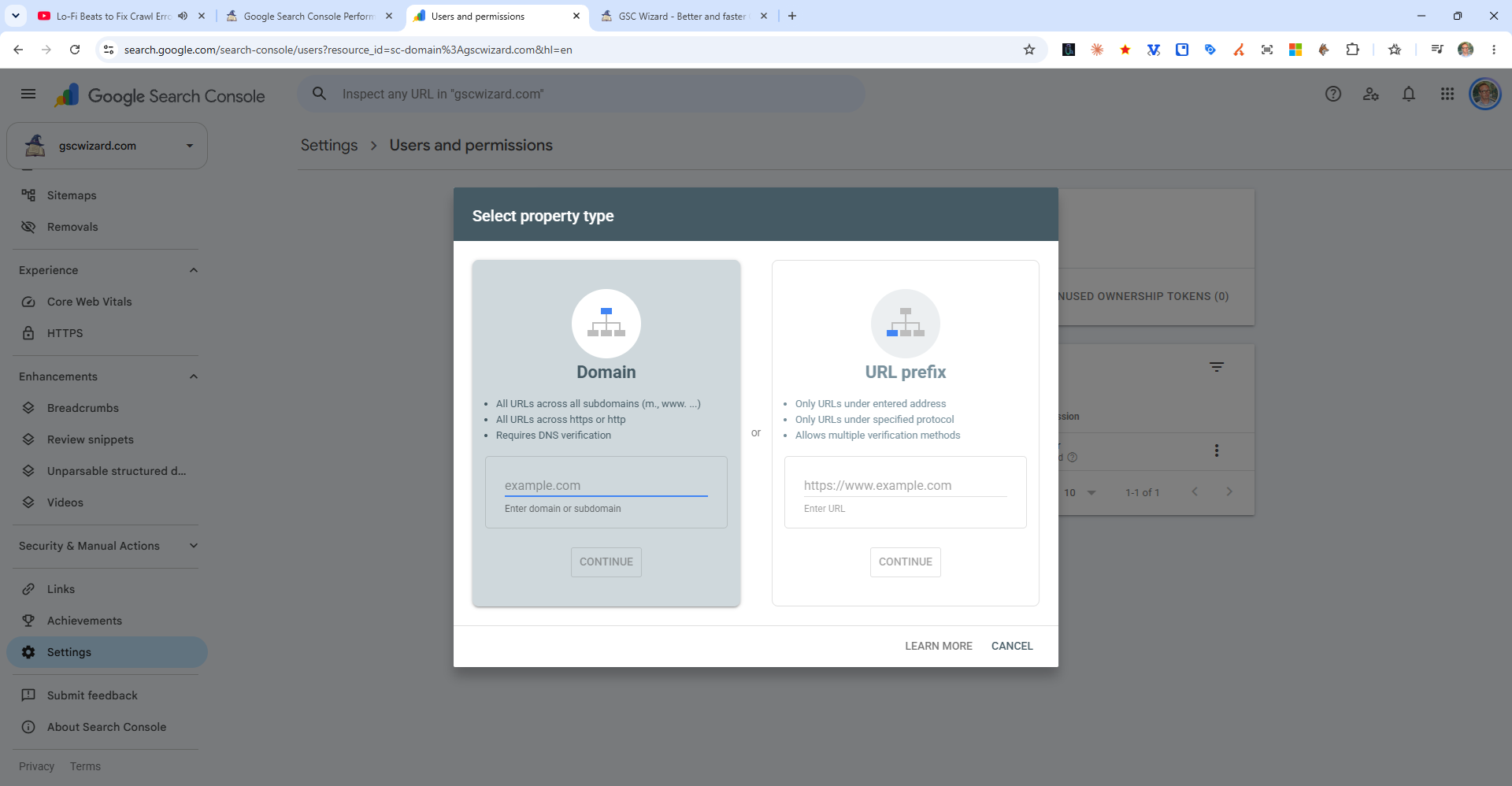 The Select property type dialog in Google Search Console: Domain (all subdomains and protocols, DNS verification) next to URL prefix (one address and protocol, several verification methods)