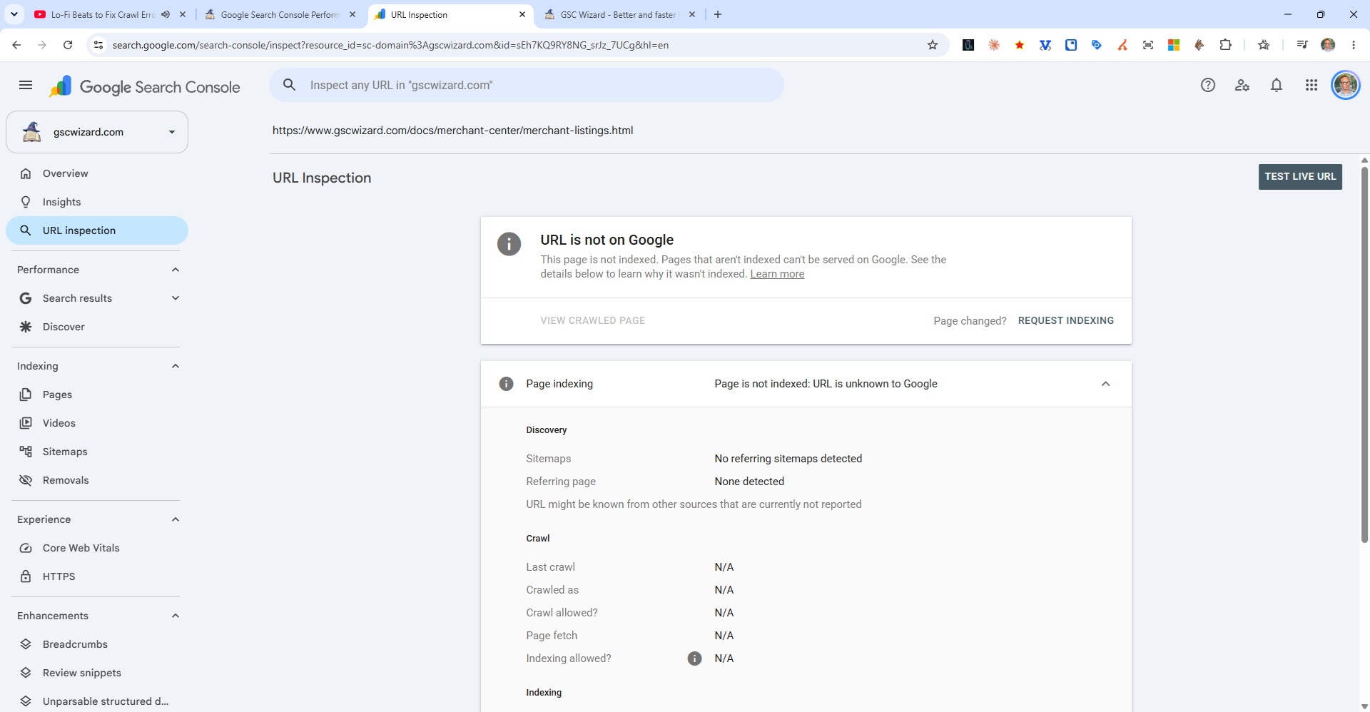 Google Search Console URL Inspection for a page that is not on Google: the URL is unknown to Google, with the Request indexing link and empty discovery and crawl details