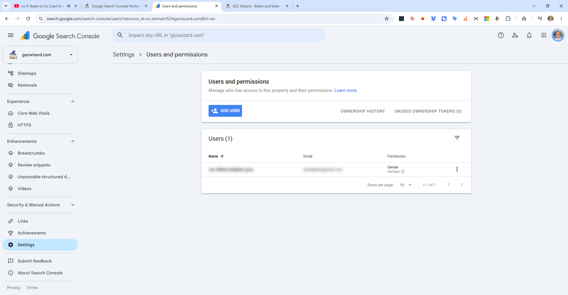 The Users and permissions screen in Google Search Console with the Add user button and one verified owner (name and email blurred)