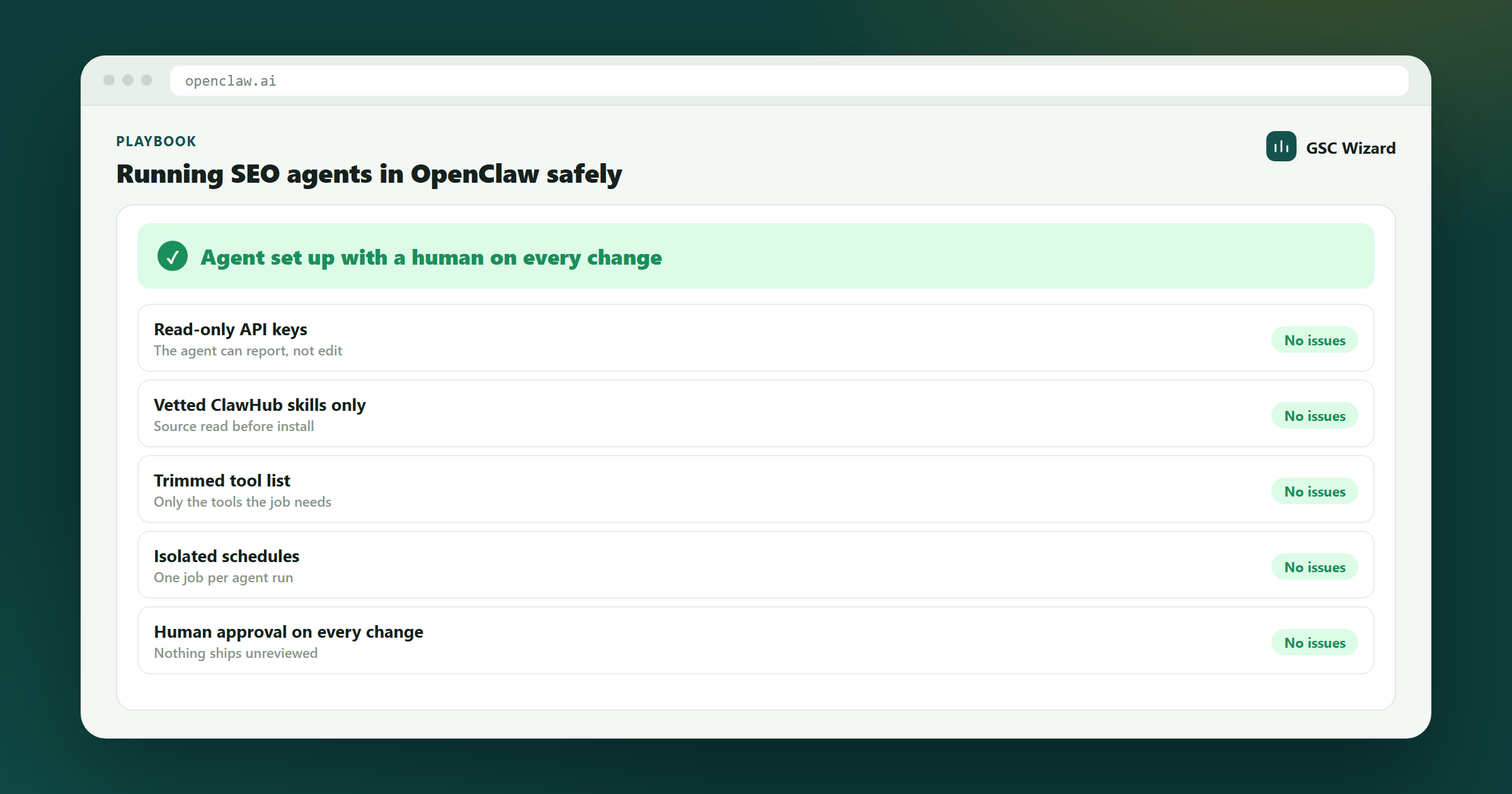 A checklist for running SEO agents in OpenClaw: read-only keys, vetted skills, a trimmed tool list, isolated schedules and human approval